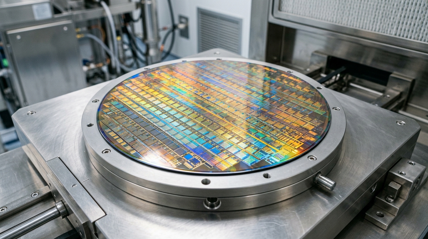 Precision 300mm silicon semiconductor wafer with reflective etched microchip dies on vacuum stage